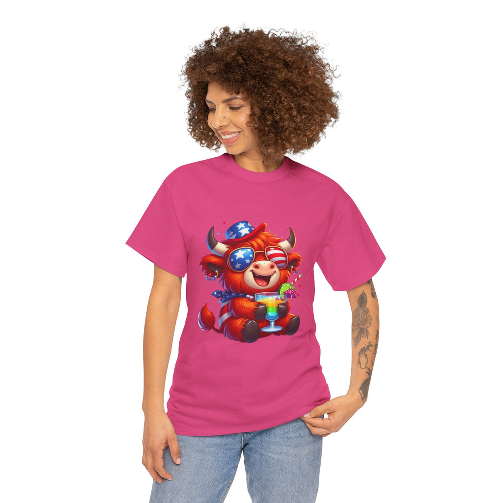 Cow Tee — Cute Patriotic Cow Holding Drink Graphic T‑Shirt
