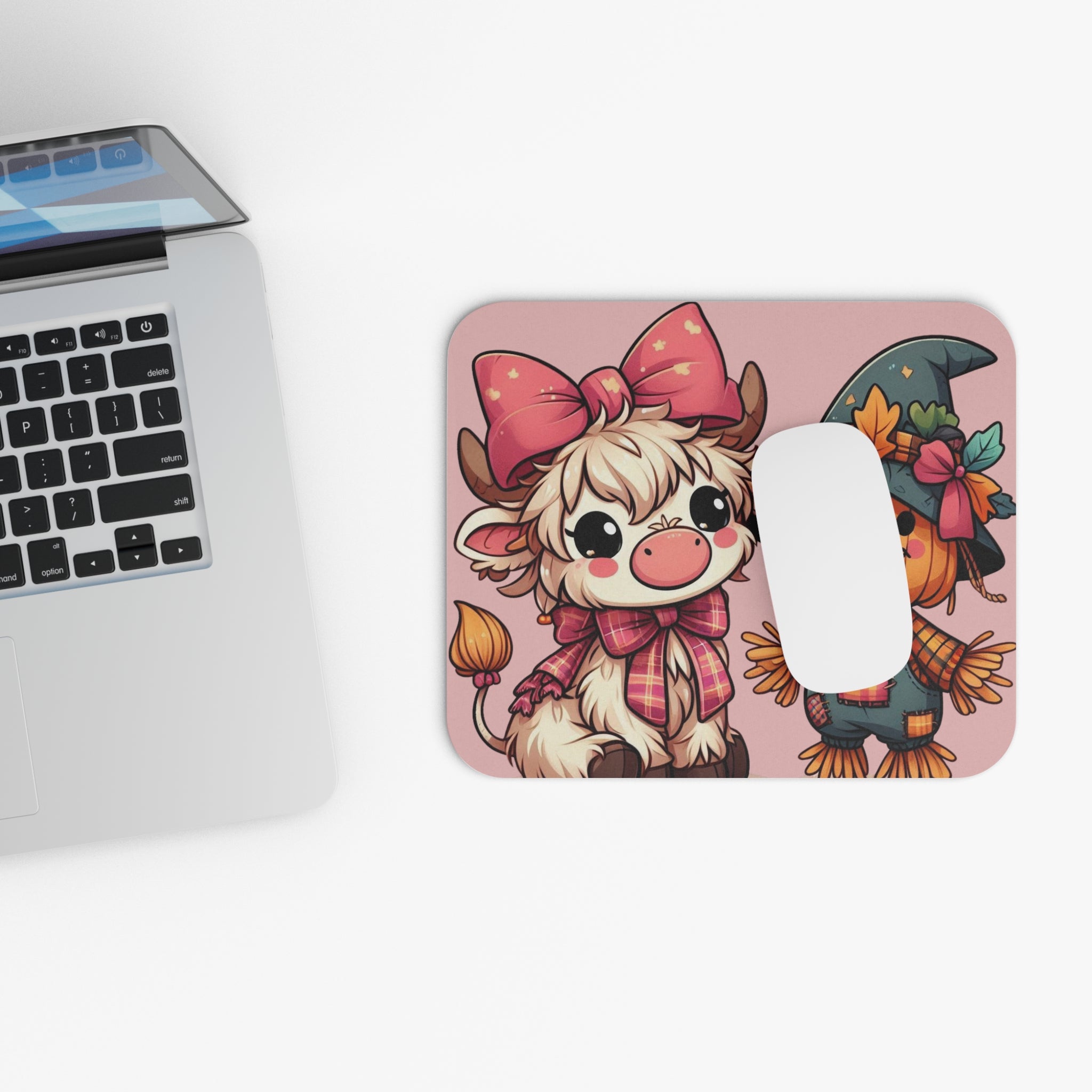 Cute Cow & Scarecrow Halloween Mouse Pad — Pink Fall Desk Mat