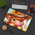 Cute Highland Cow Desk Mat — Floral Sunflower Hat Mousepad for Farm Animal Lovers