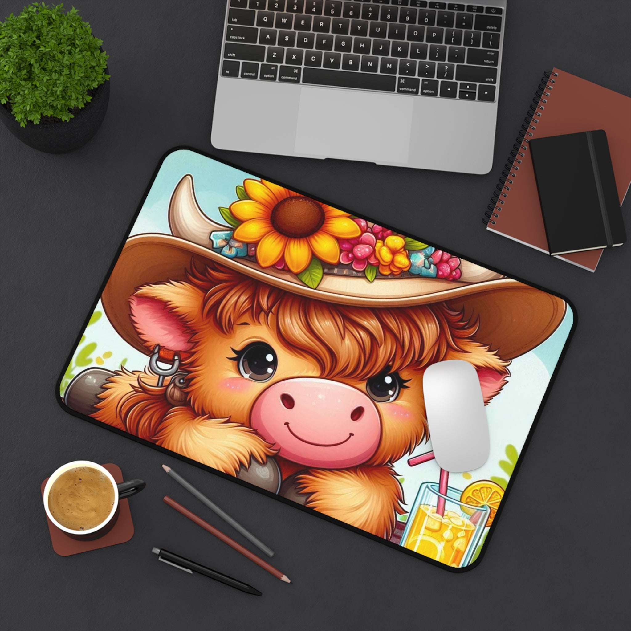 Cute Highland Cow Desk Mat — Floral Sunflower Hat Mousepad for Farm Animal Lovers