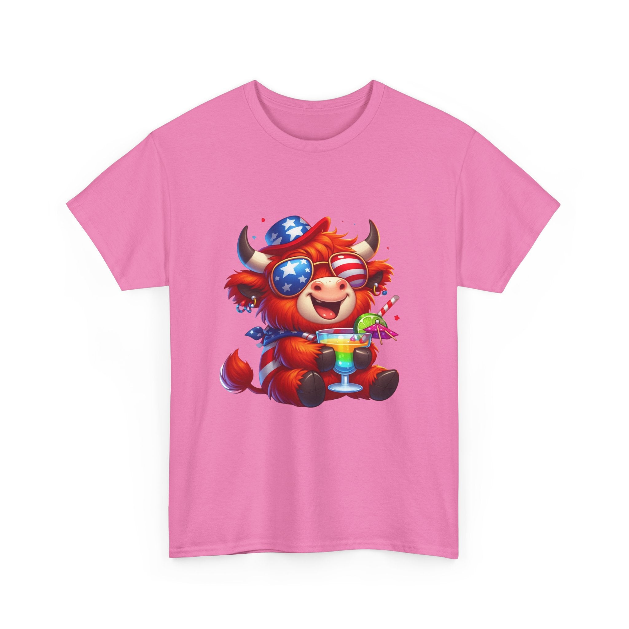 Cow Tee — Cute Patriotic Cow Holding Drink Graphic T‑Shirt