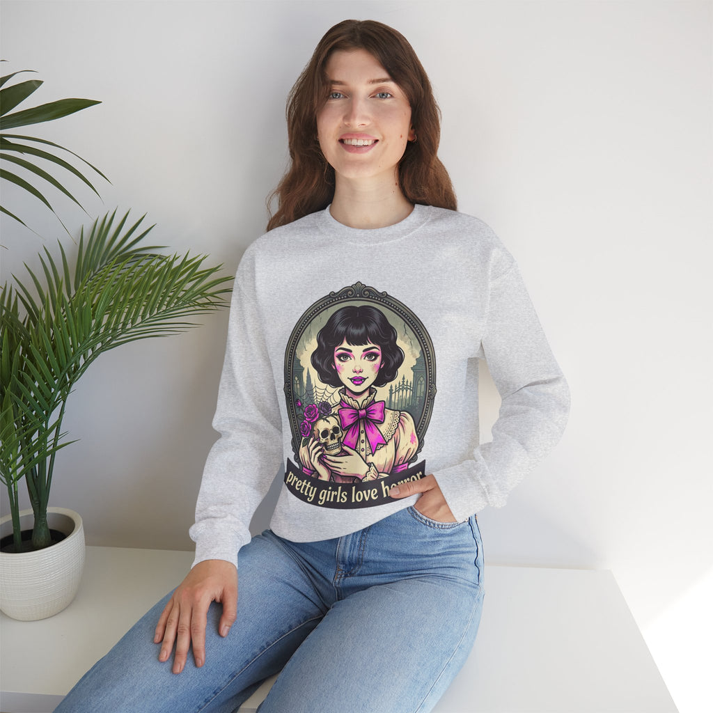 Horror Girl Crewneck Sweatshirt — "Pretty Girls Love Horror" Retro Goth Pullover