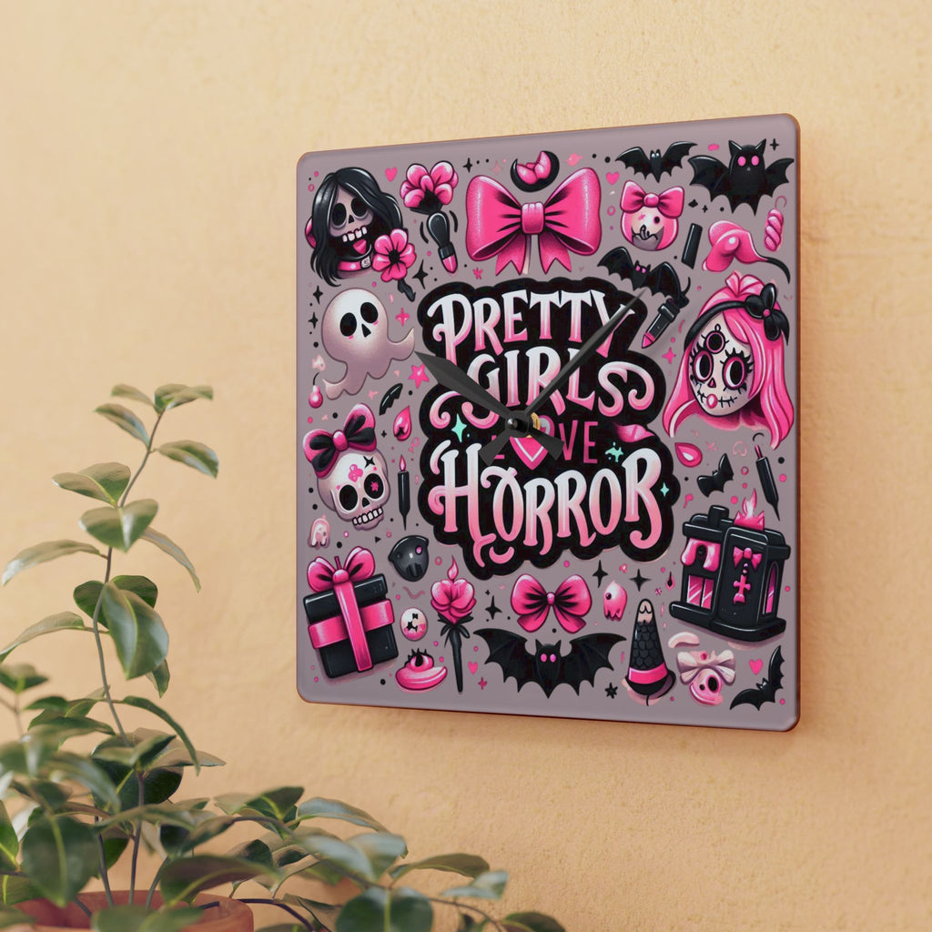 Pretty Girls Love Horror Acrylic Wall Clock — Cute Pink Gothic Decor