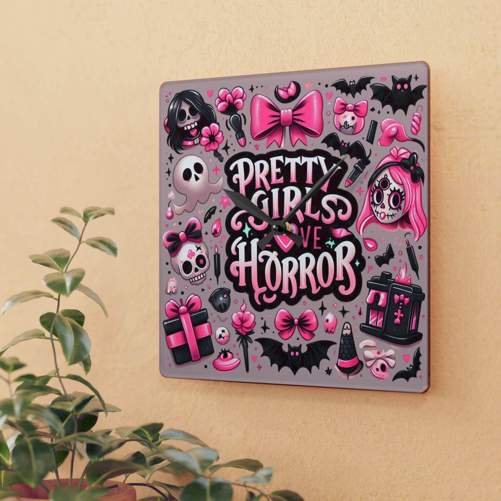 Pretty Girls Love Horror Acrylic Wall Clock — Cute Pink Gothic Decor
