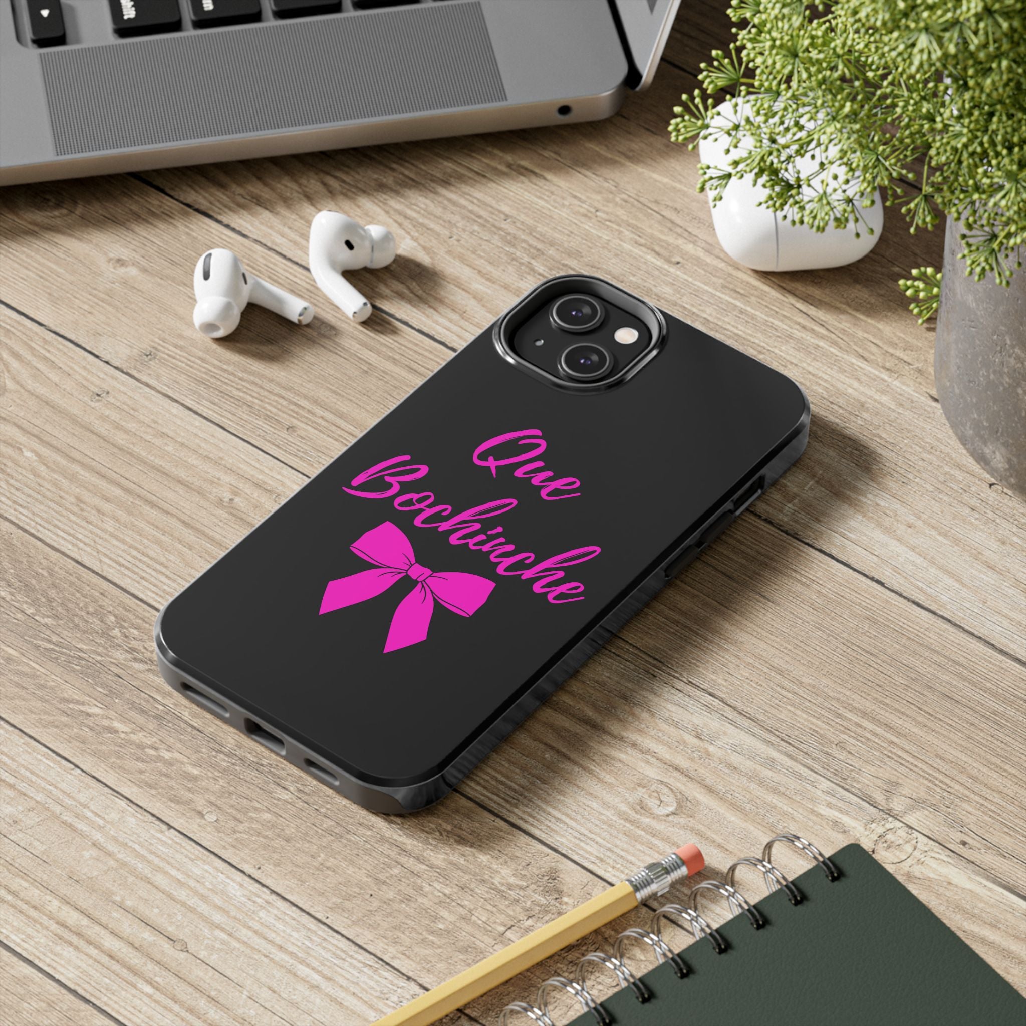 Que Bochinche Phone Case — Pink Script & Bow Tough Protective Cover