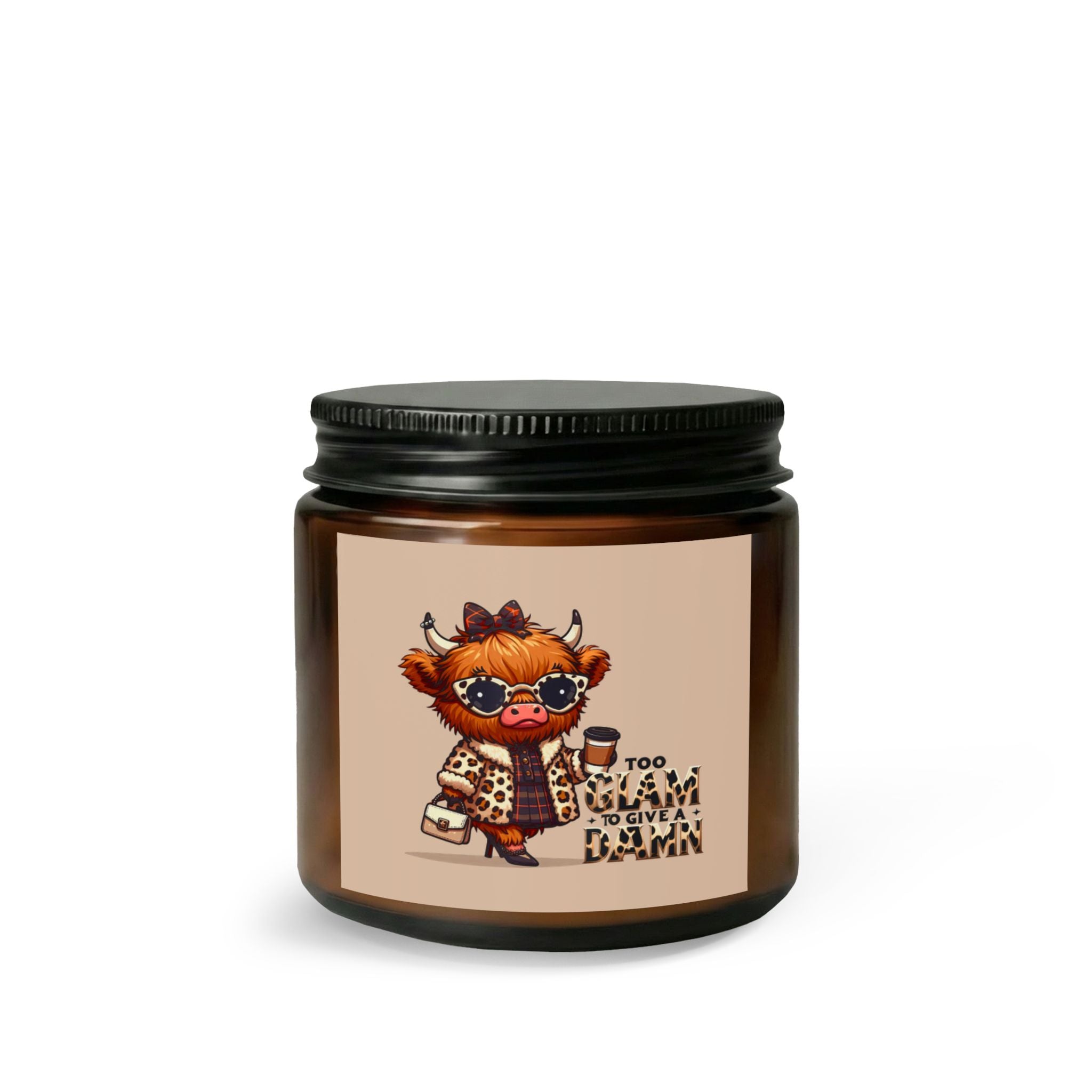 Coquette And Sassy Cute Highland Cow Candle Set — "Too Glam to Give a Damn" Scented Jar with Matches & Wick Trimmer