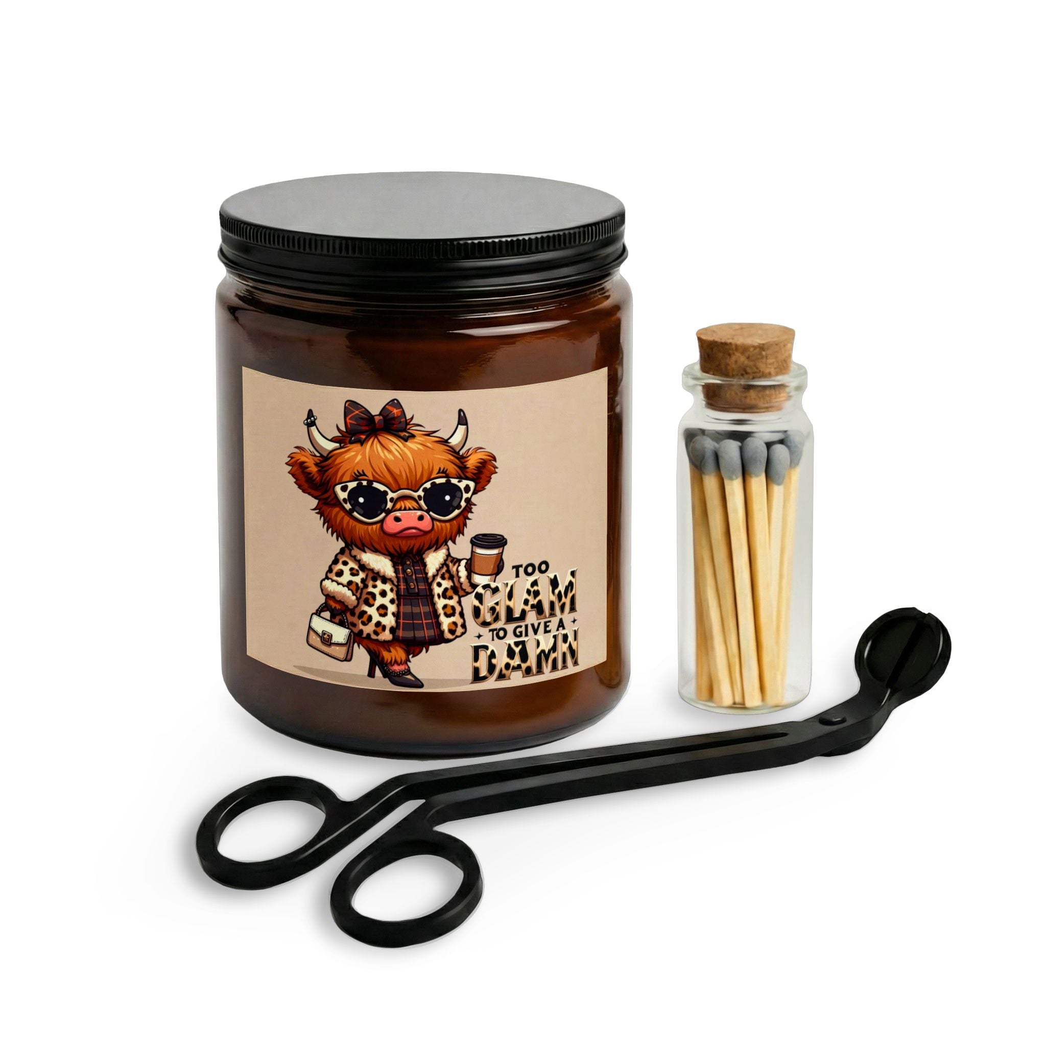 Coquette And Sassy Cute Highland Cow Candle Set — "Too Glam to Give a Damn" Scented Jar with Matches & Wick Trimmer