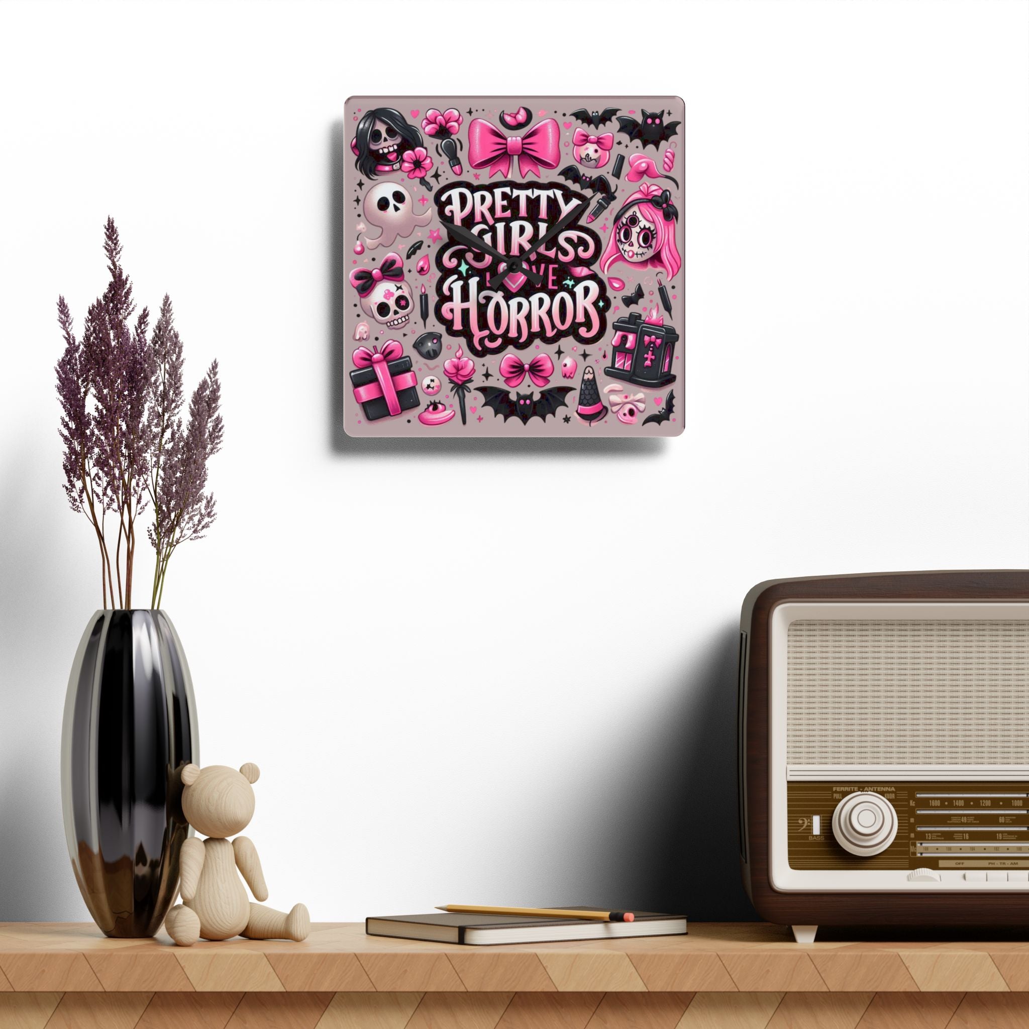 Pretty Girls Love Horror Acrylic Wall Clock — Cute Pink Gothic Decor