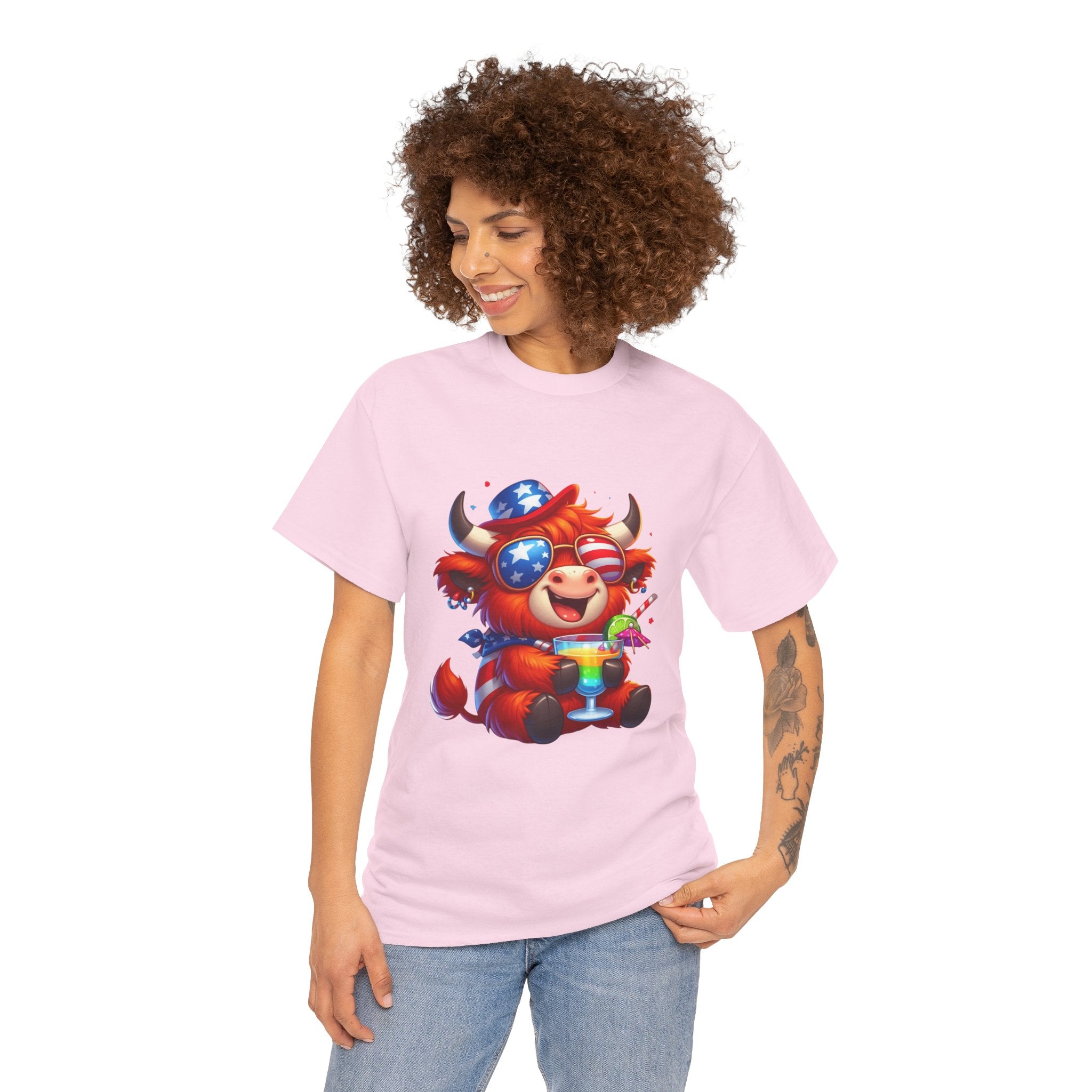 Cow Tee — Cute Patriotic Cow Holding Drink Graphic T‑Shirt