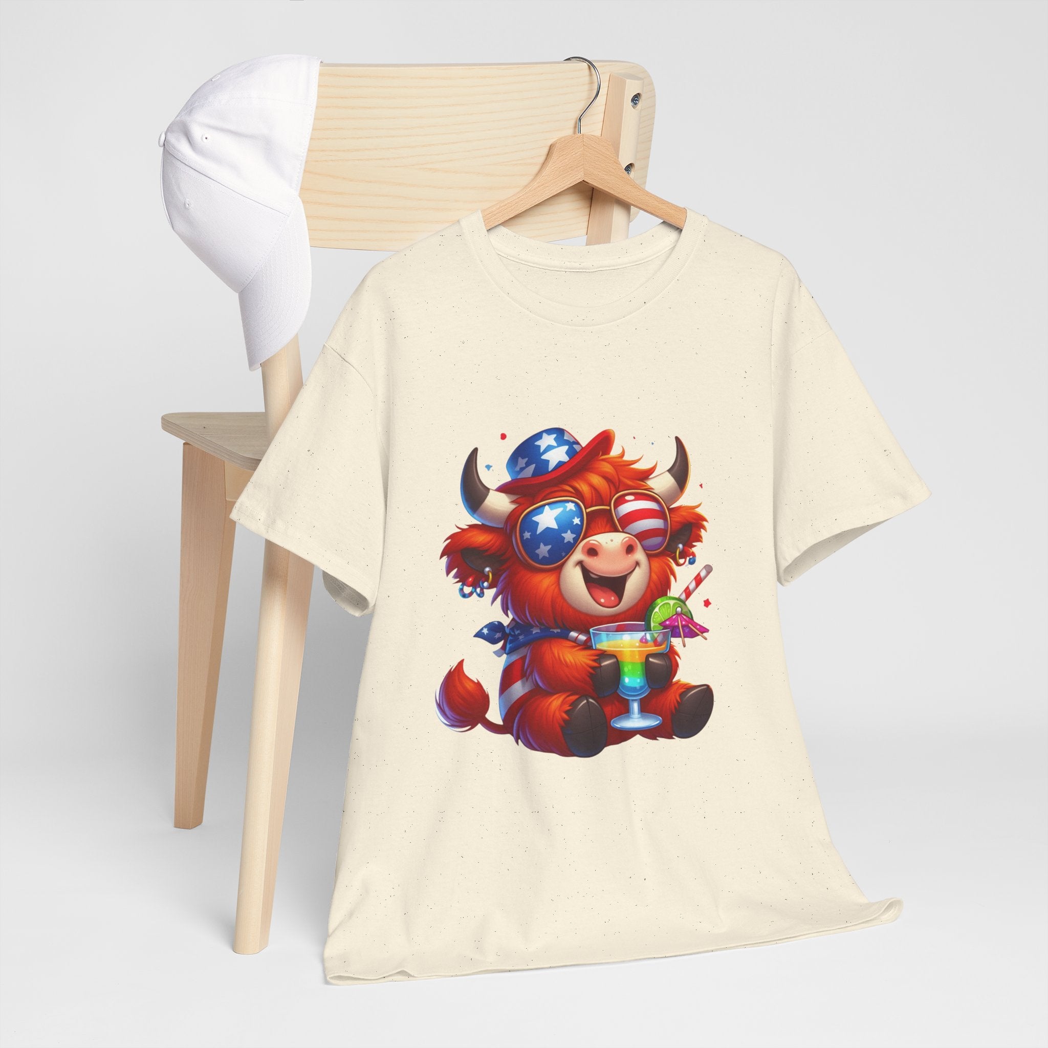 Cow Tee — Cute Patriotic Cow Holding Drink Graphic T‑Shirt