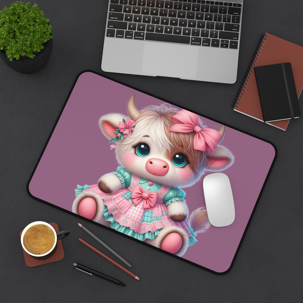 Cute Pastel Cow Desk Mat — Plush Kawaii Calf Mousepad for Kids & Gamers