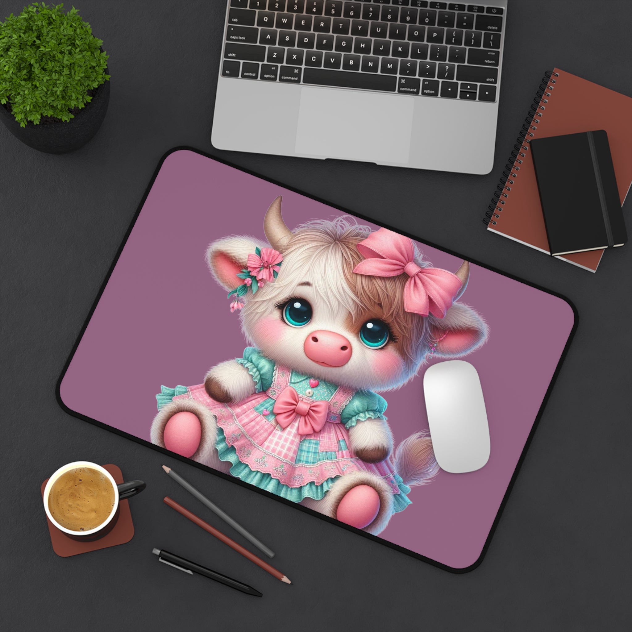 Cute Pastel Cow Desk Mat — Plush Kawaii Calf Mousepad for Kids & Gamers