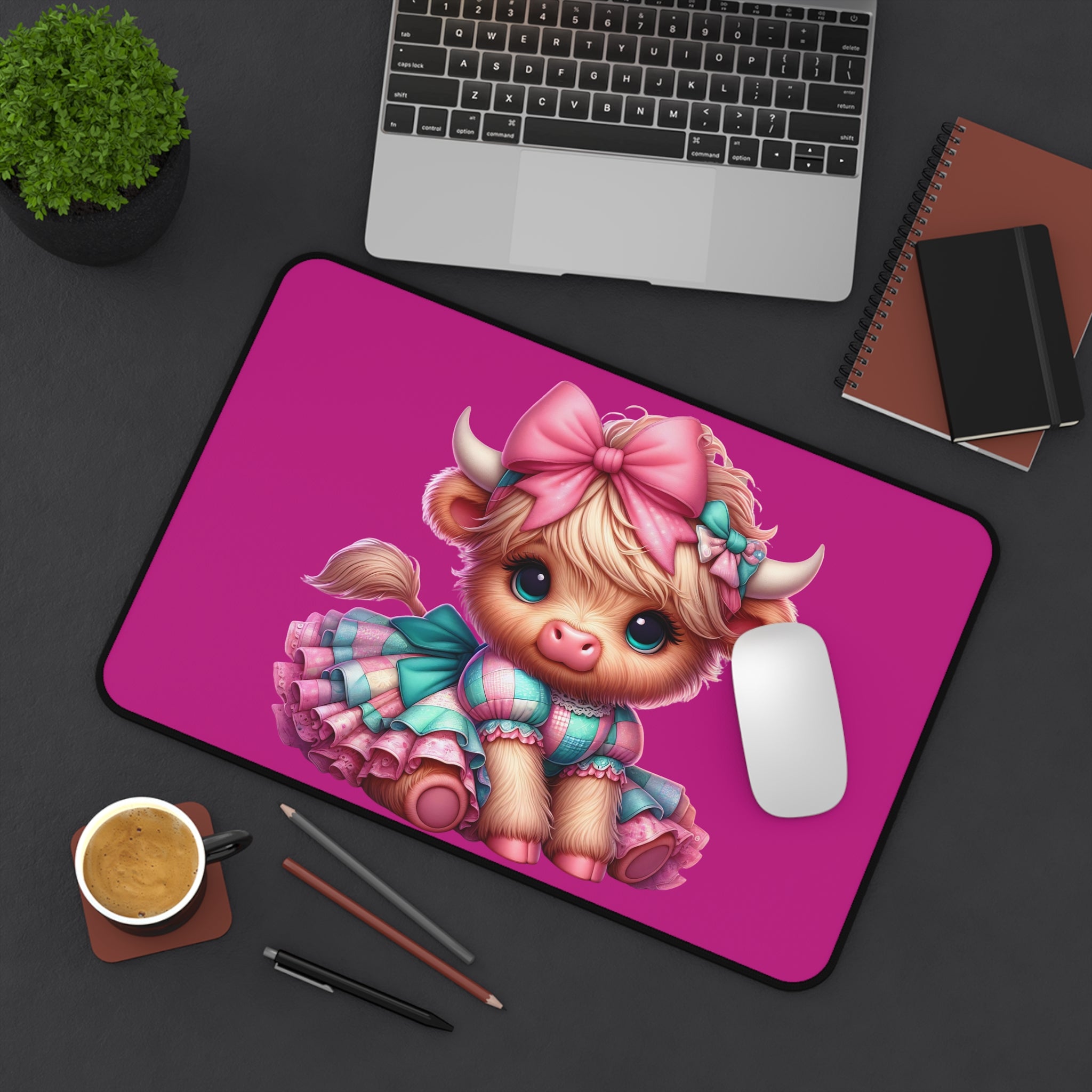 Cute Pink Calf Desk Mat — Adorable Dressed-Up Baby Cow Mousepad for Kids & Animal Lovers