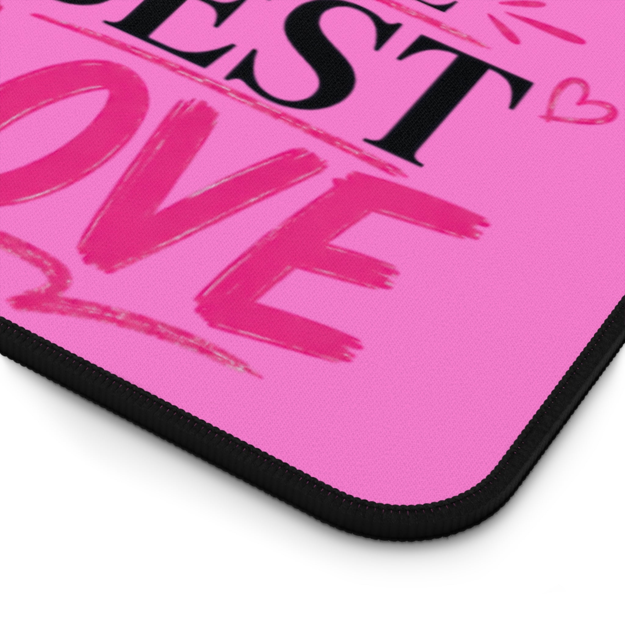 Desk Mat — Cute Highland Cow with Bubble Tea “Self Love Is The Best Love” Pink Gaming/Office Mousepad