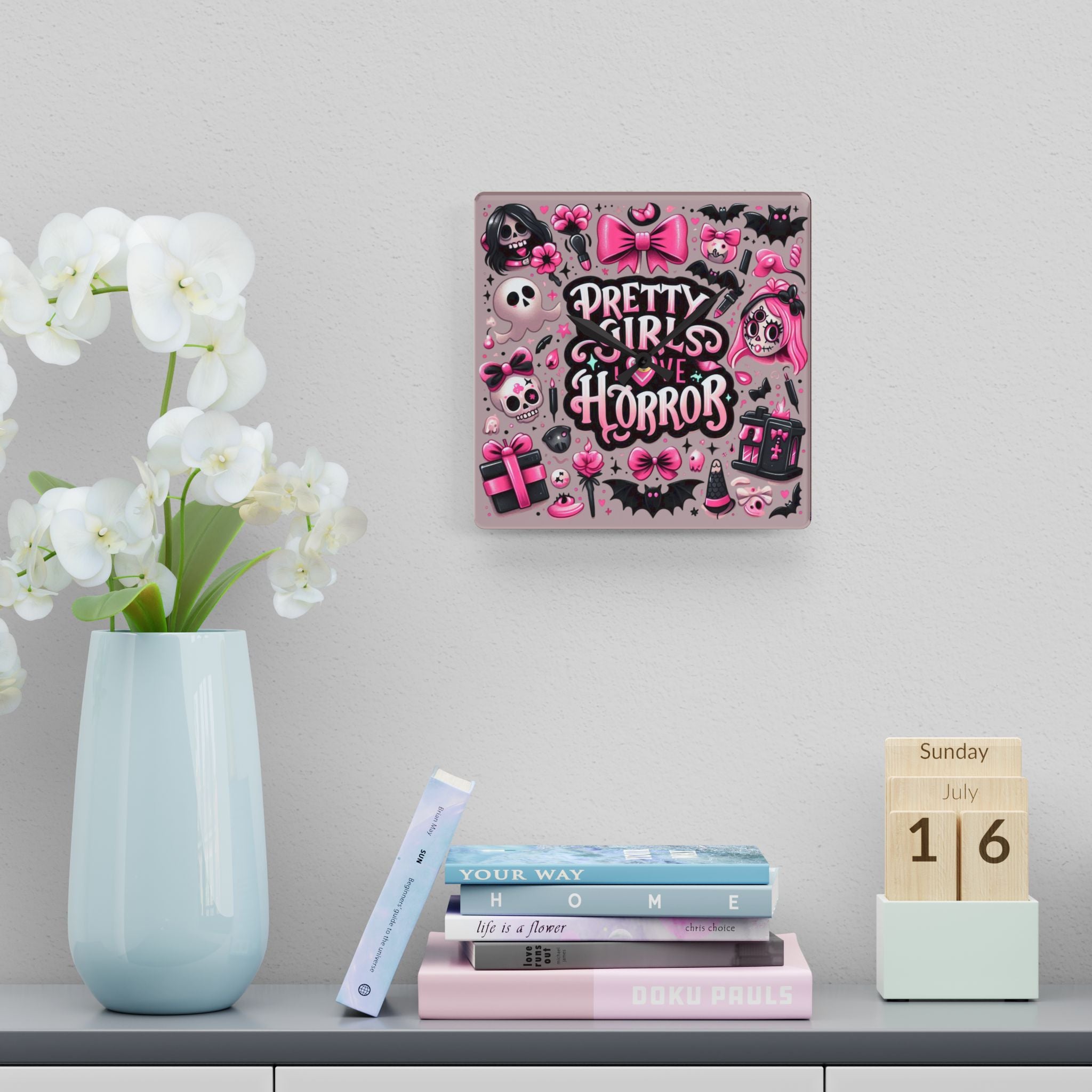 Pretty Girls Love Horror Acrylic Wall Clock — Cute Pink Gothic Decor
