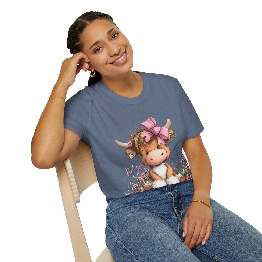 Cute Highland Cow Tee — Pink Bow Calf T-Shirt