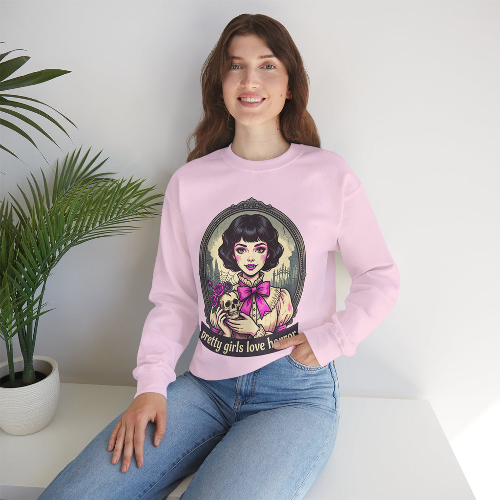 Horror Girl Crewneck Sweatshirt — "Pretty Girls Love Horror" Retro Goth Pullover