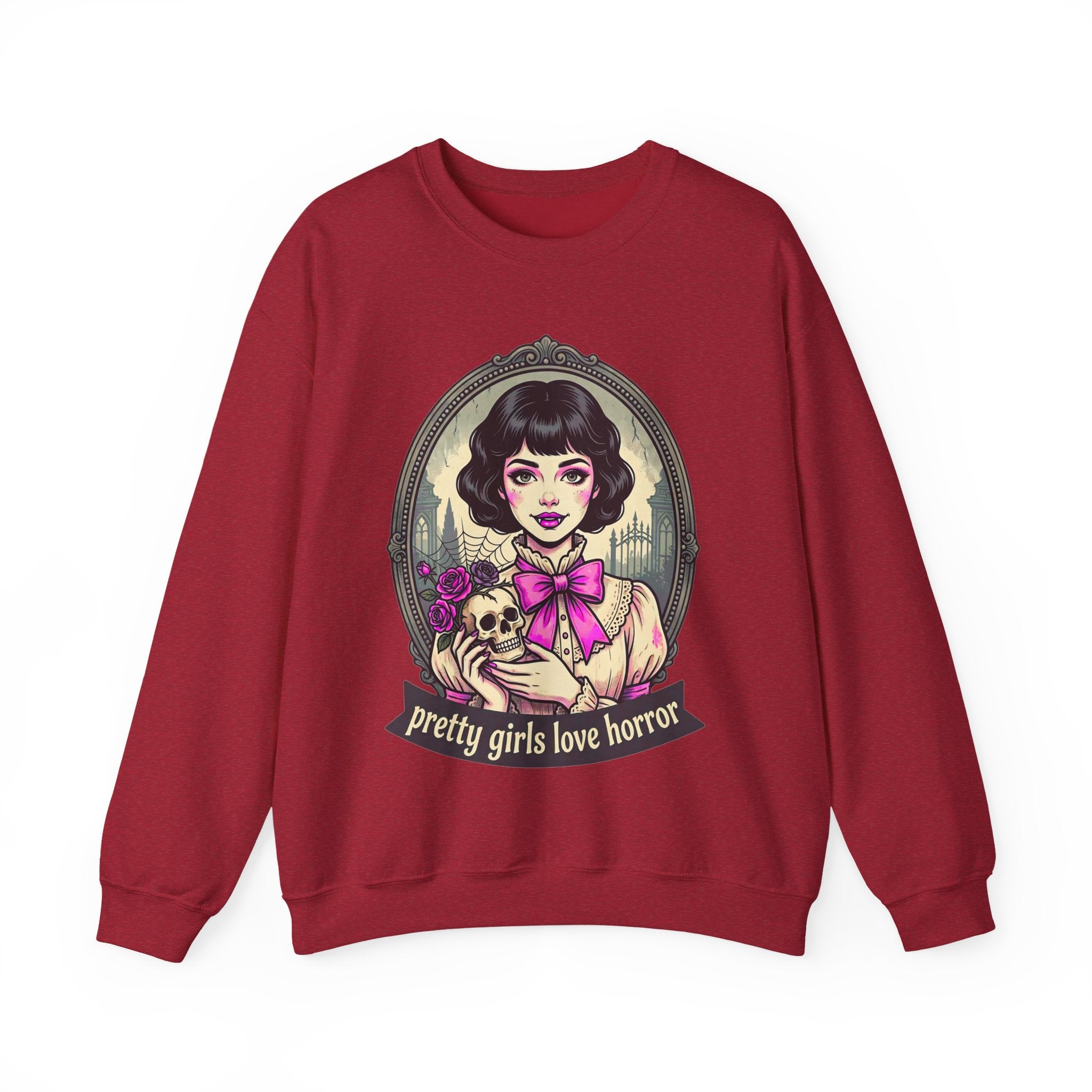 Horror Girl Crewneck Sweatshirt — "Pretty Girls Love Horror" Retro Goth Pullover