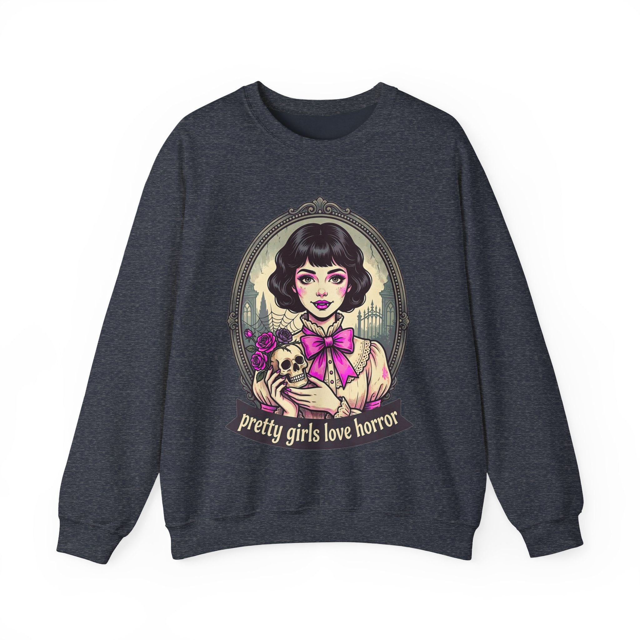 Horror Girl Crewneck Sweatshirt — "Pretty Girls Love Horror" Retro Goth Pullover