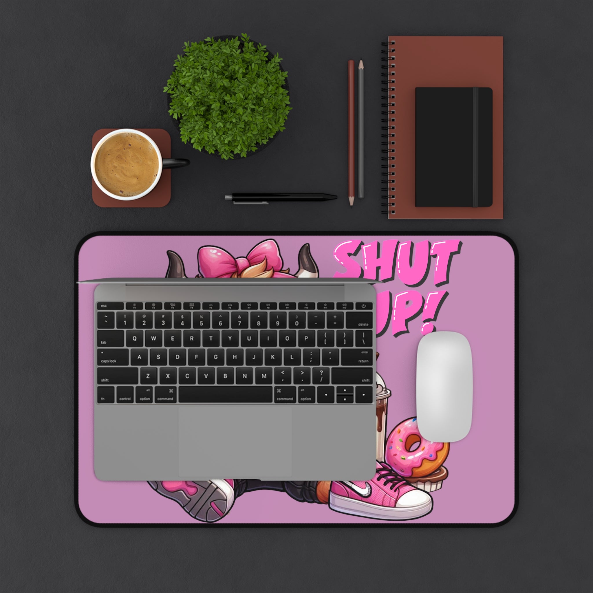 Cute Cow 'Shut Up!' Pink Desk Mat – Kawaii Gamer Mouse Pad with Donut & Milkshake