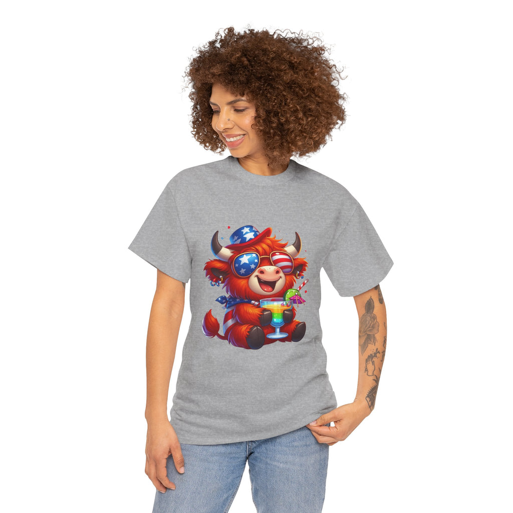 Cow Tee — Cute Patriotic Cow Holding Drink Graphic T‑Shirt