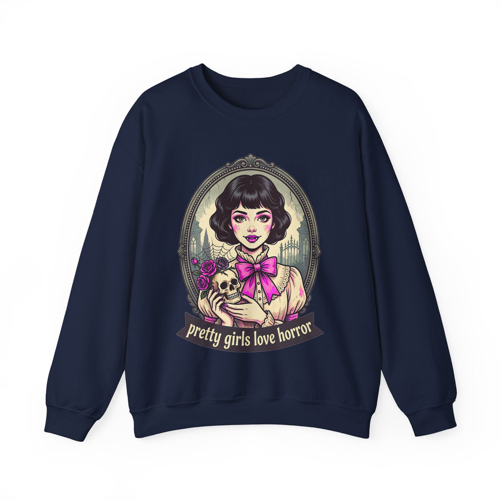 Horror Girl Crewneck Sweatshirt — "Pretty Girls Love Horror" Retro Goth Pullover