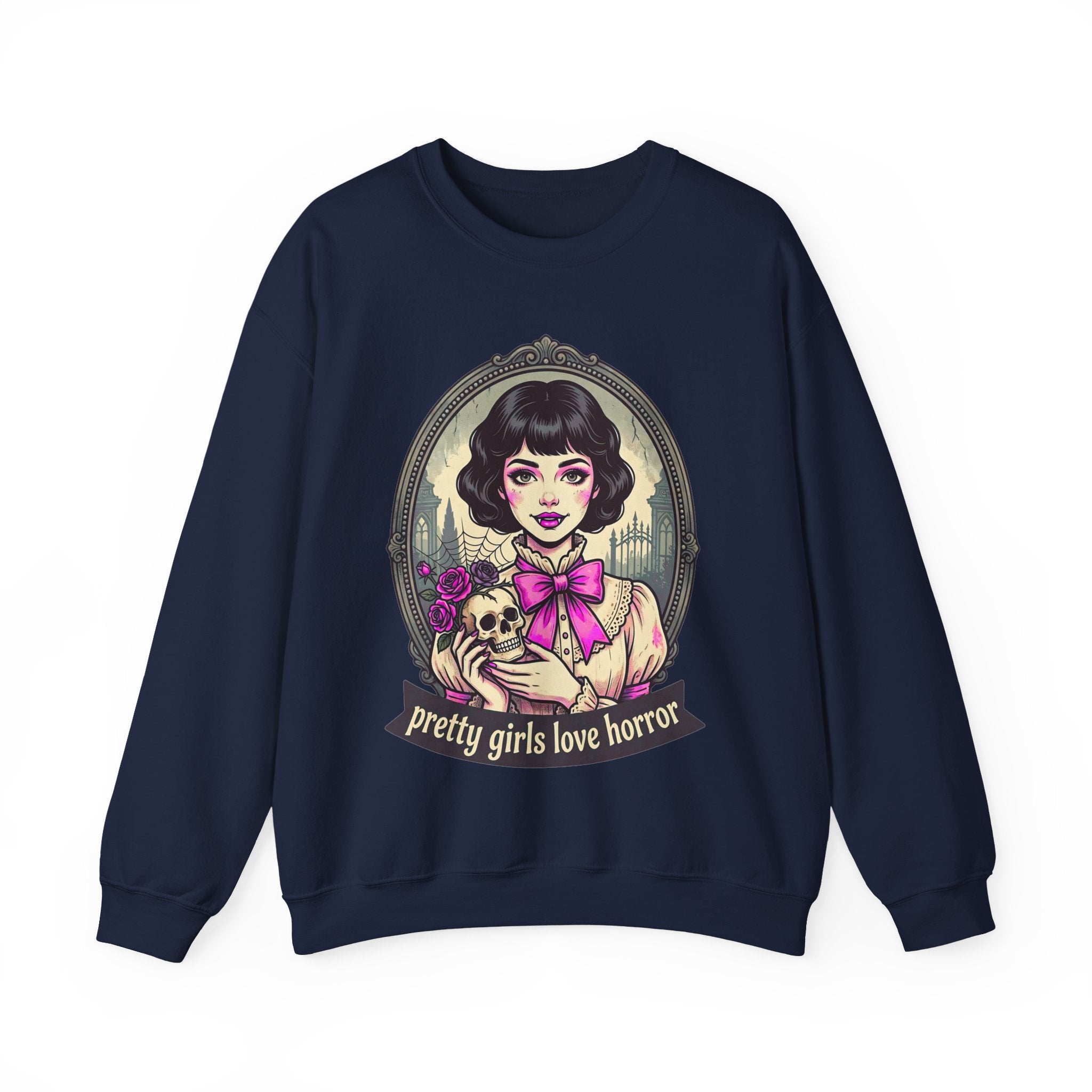 Horror Girl Crewneck Sweatshirt — "Pretty Girls Love Horror" Retro Goth Pullover