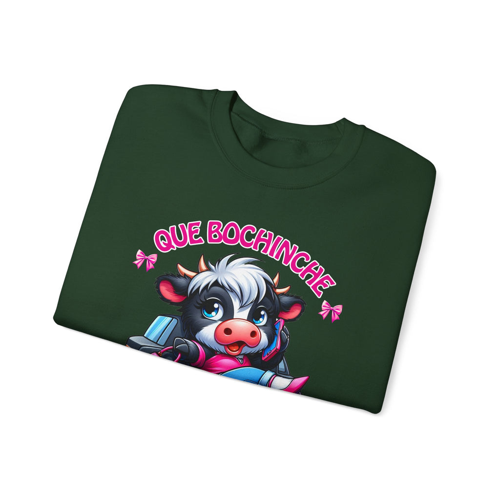 Que Bochincˊe Cow Sweatshirt — Cute Cartoon Cow Driving Graphic Crewneck
