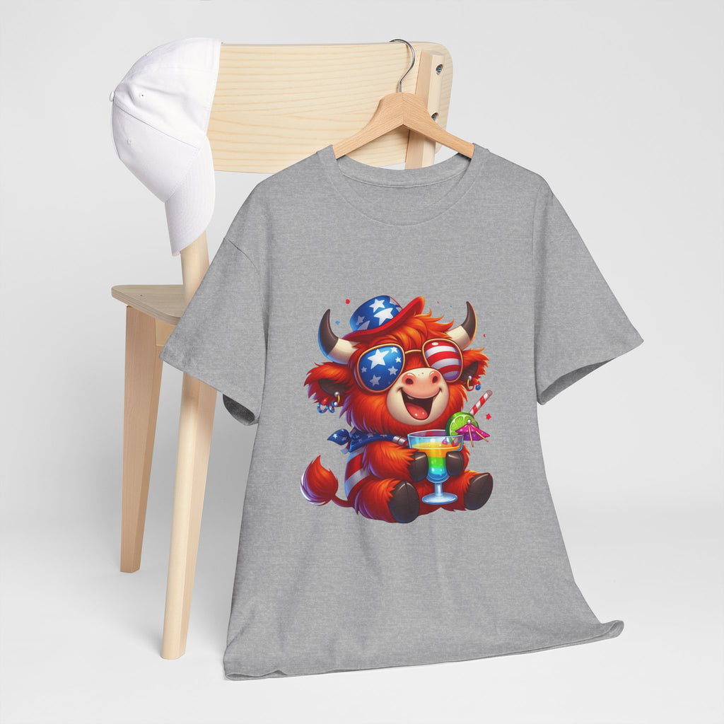 Cow Tee — Cute Patriotic Cow Holding Drink Graphic T‑Shirt