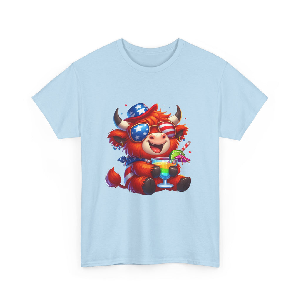 Cow Tee — Cute Patriotic Cow Holding Drink Graphic T‑Shirt