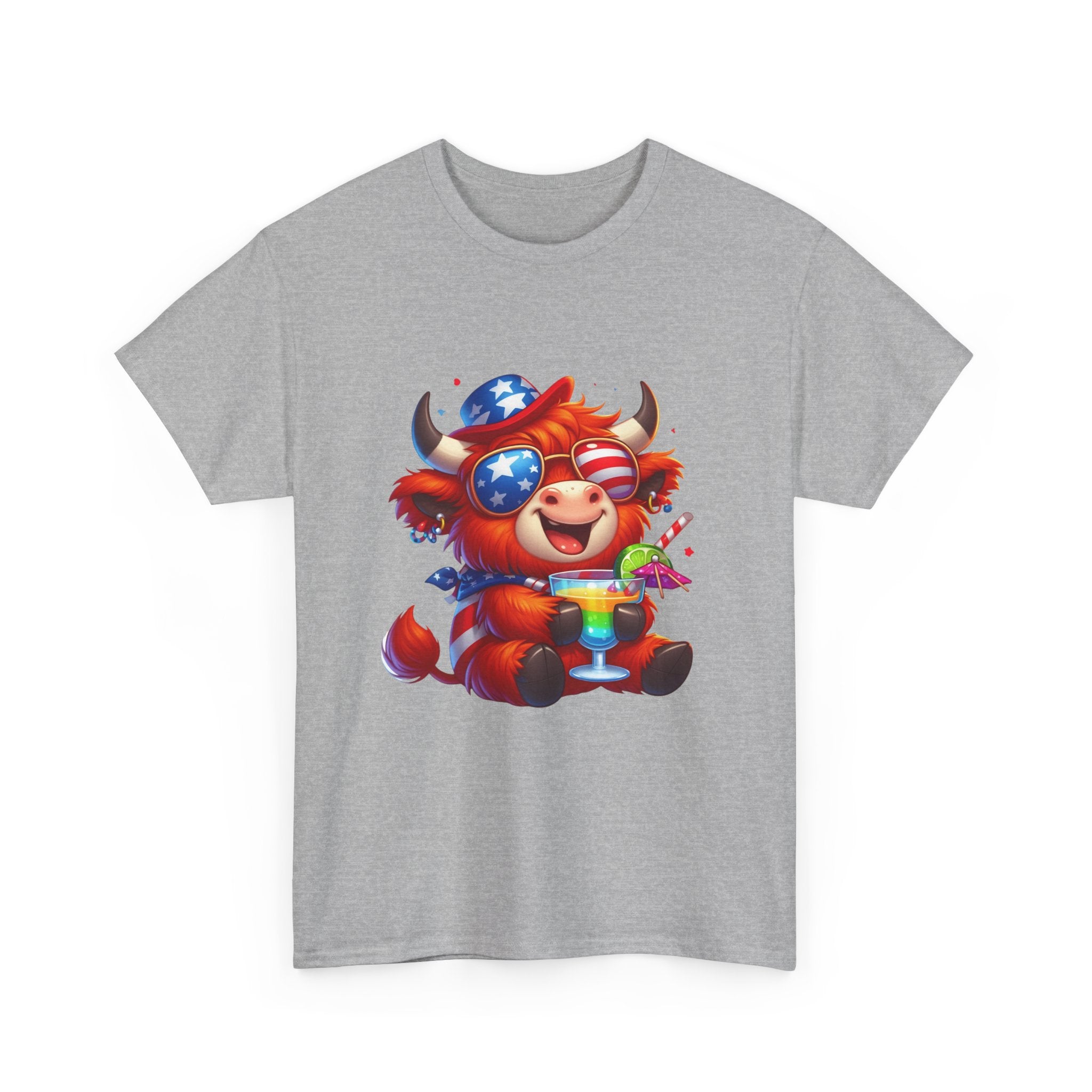 Cow Tee — Cute Patriotic Cow Holding Drink Graphic T‑Shirt