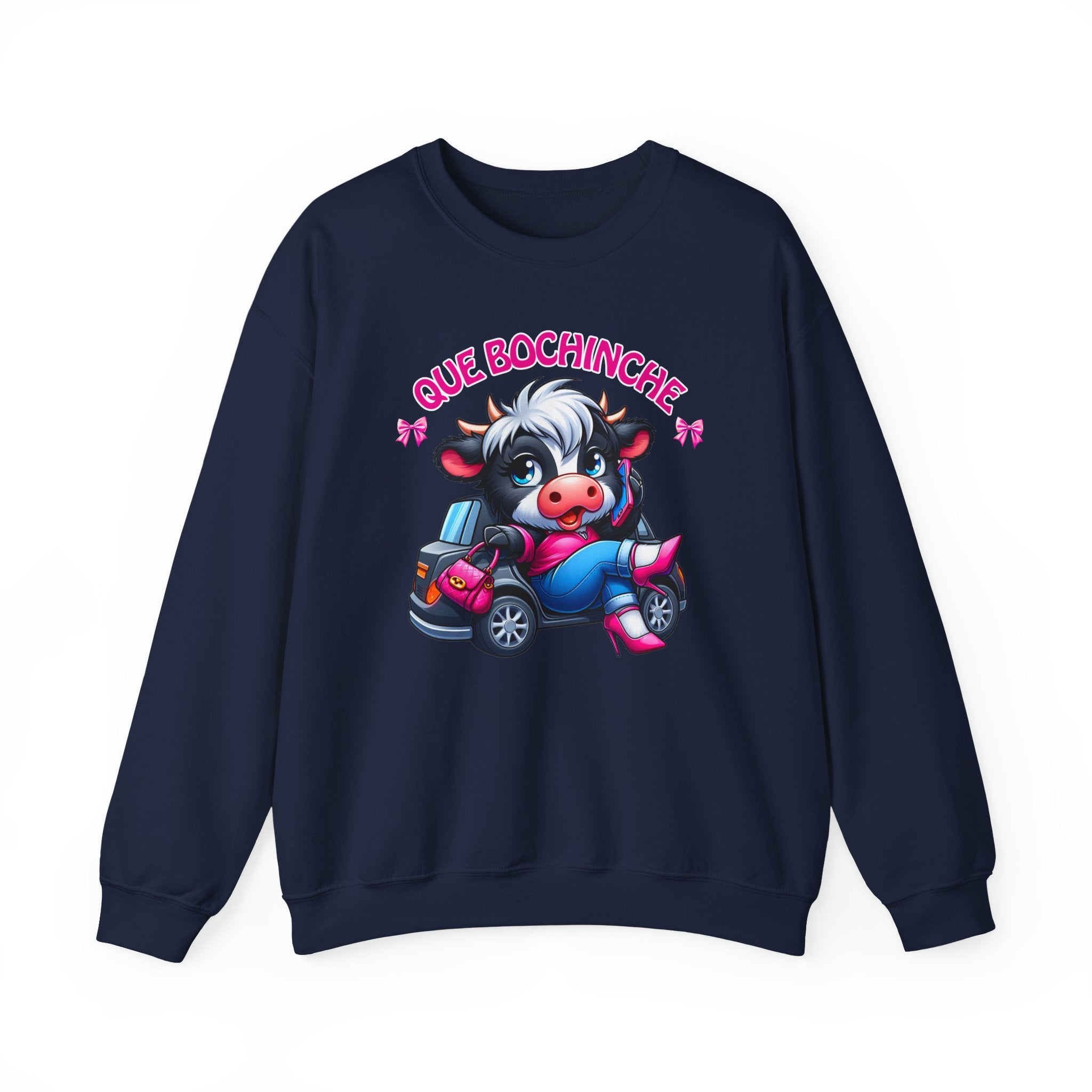 Que Bochincˊe Cow Sweatshirt — Cute Cartoon Cow Driving Graphic Crewneck