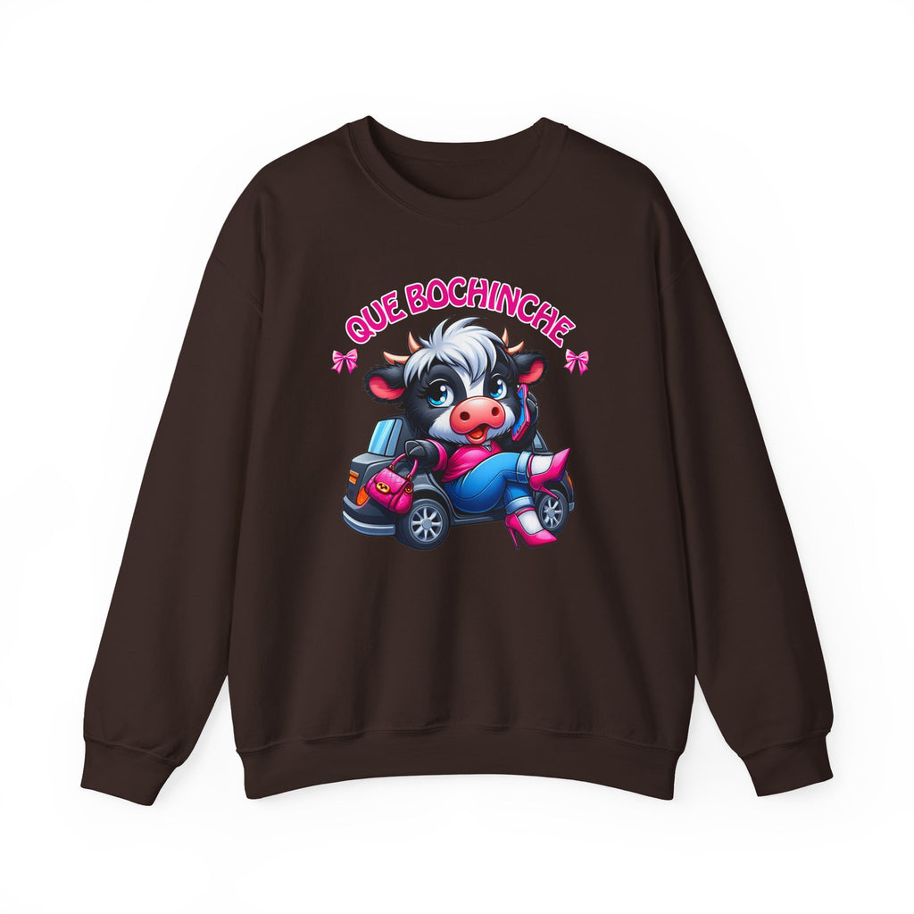Que Bochincˊe Cow Sweatshirt — Cute Cartoon Cow Driving Graphic Crewneck