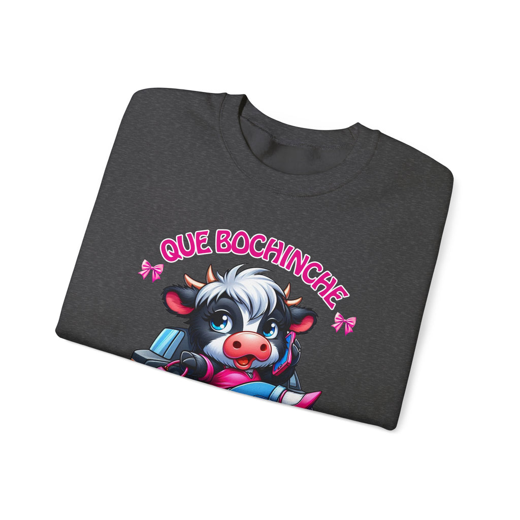 Que Bochincˊe Cow Sweatshirt — Cute Cartoon Cow Driving Graphic Crewneck