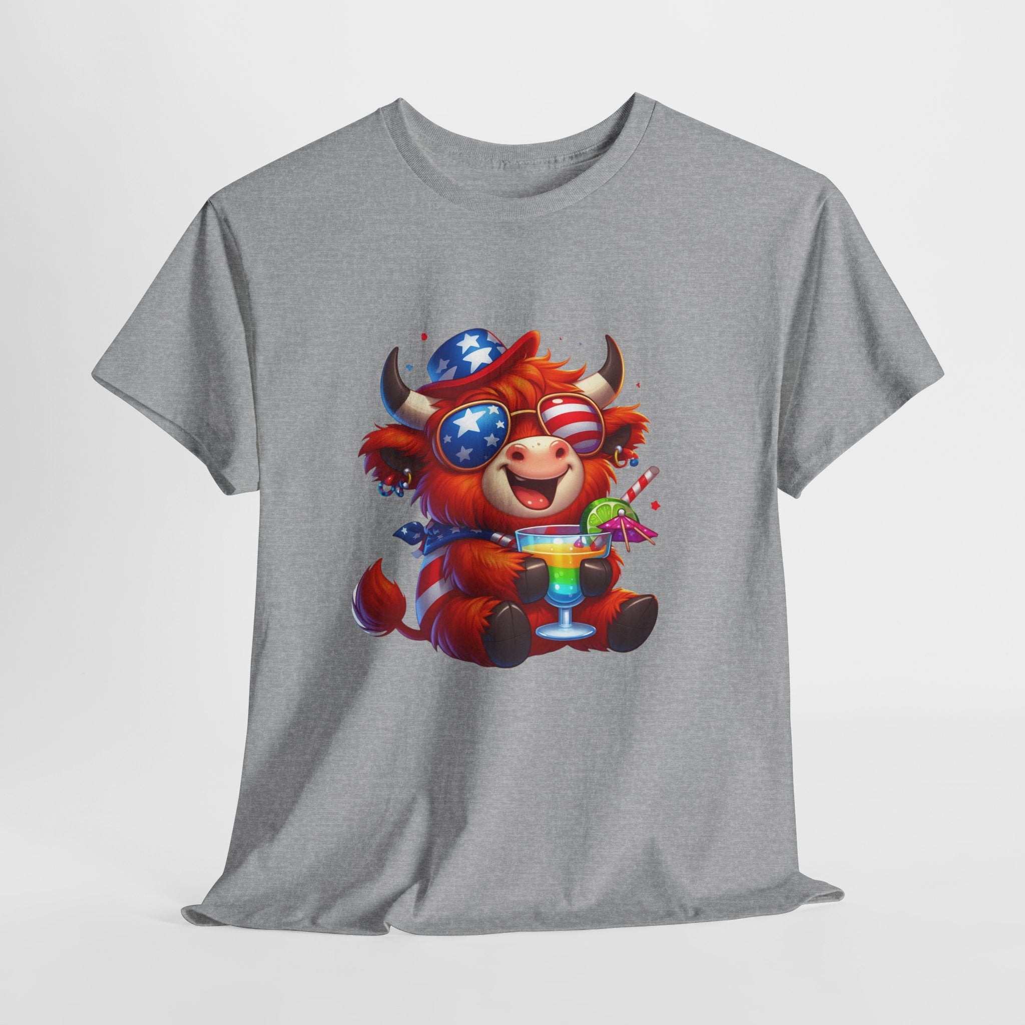 Cow Tee — Cute Patriotic Cow Holding Drink Graphic T‑Shirt