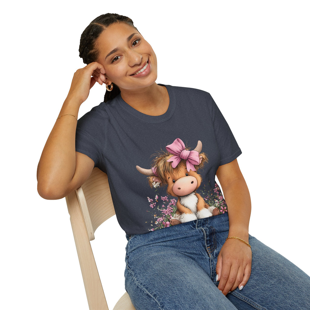 Cute Highland Cow Tee — Pink Bow Calf T-Shirt