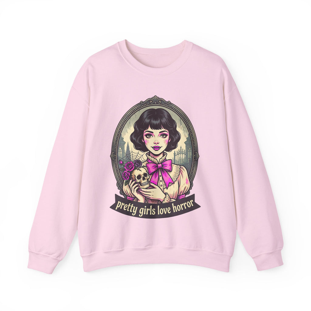 Horror Girl Crewneck Sweatshirt — "Pretty Girls Love Horror" Retro Goth Pullover