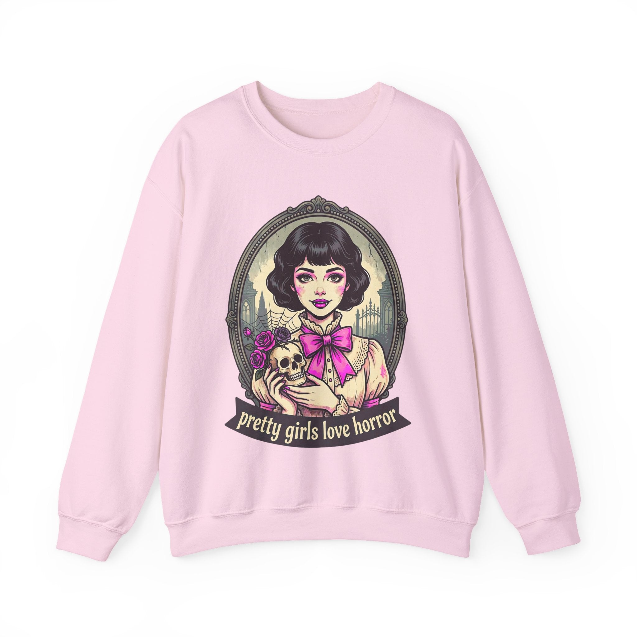 Horror Girl Crewneck Sweatshirt — "Pretty Girls Love Horror" Retro Goth Pullover