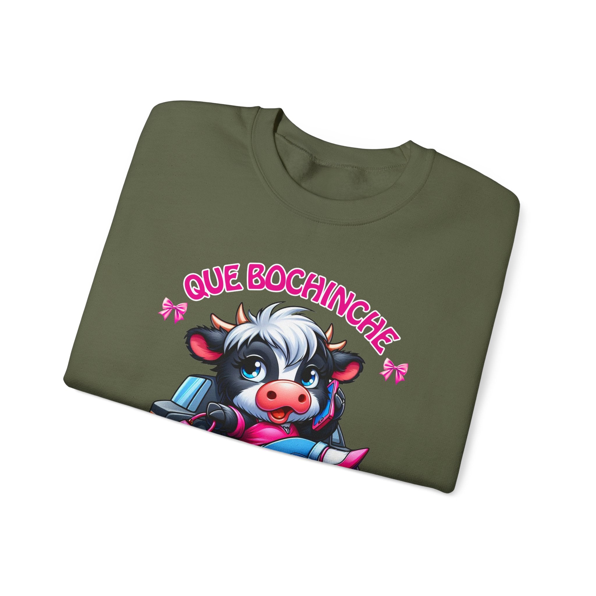 Que Bochincˊe Cow Sweatshirt — Cute Cartoon Cow Driving Graphic Crewneck