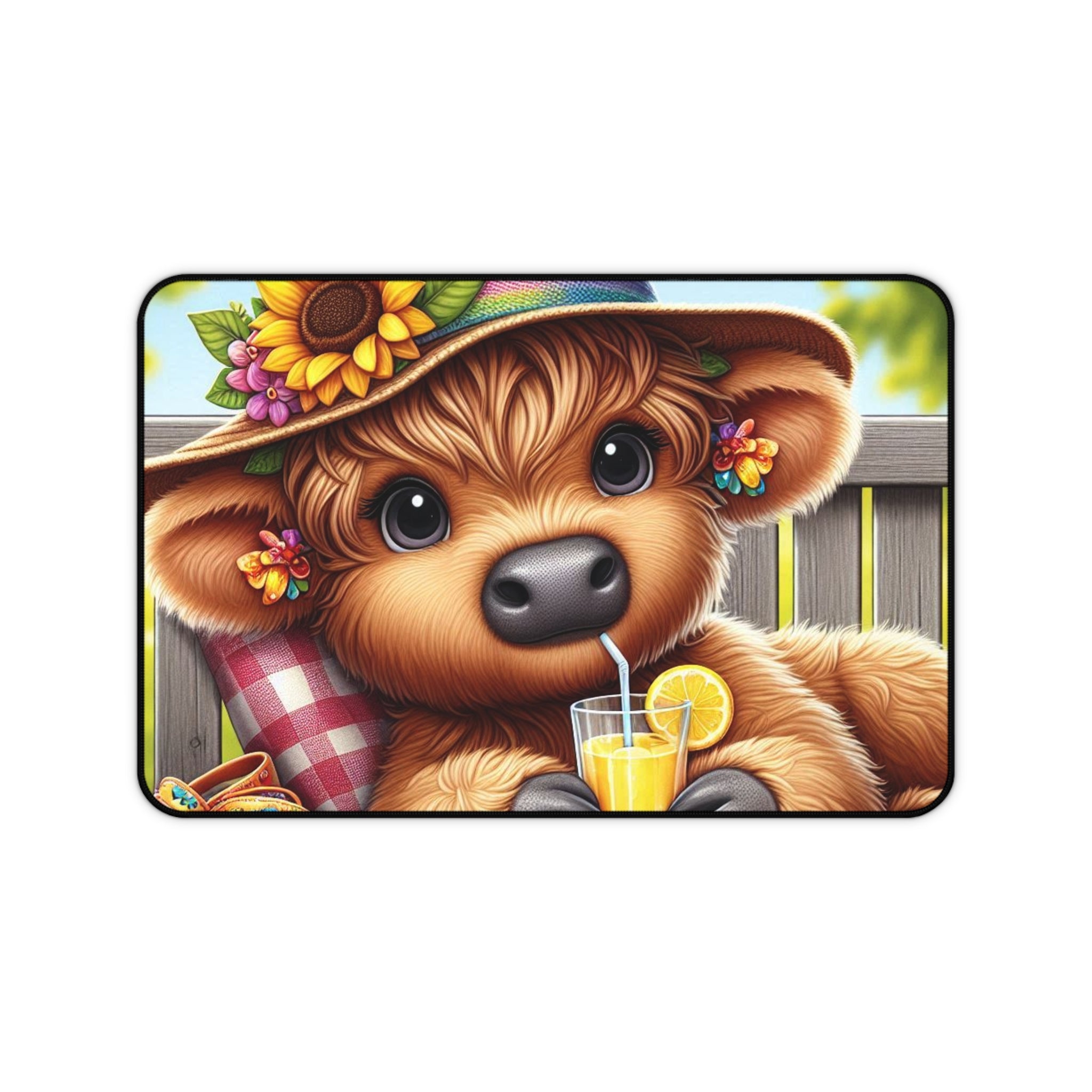 Cute Cow Desk Mat — Sunny Sunflower Cow with Lemonade Mousepad