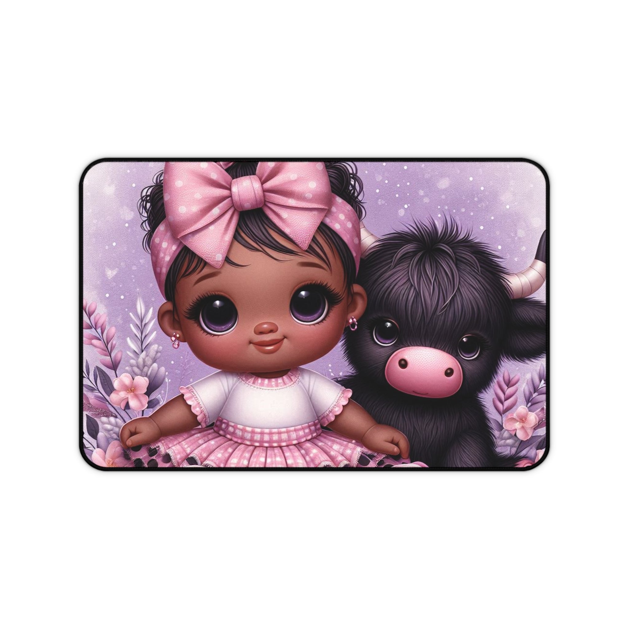 Cute Baby Girl & Highland Cow Desk Mat — Purple Nursery Mousepad for Girls, Kawaii Desk Decor