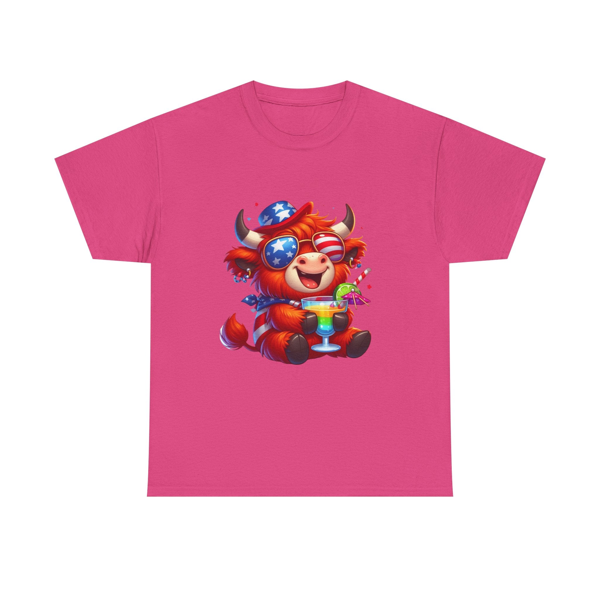 Cow Tee — Cute Patriotic Cow Holding Drink Graphic T‑Shirt