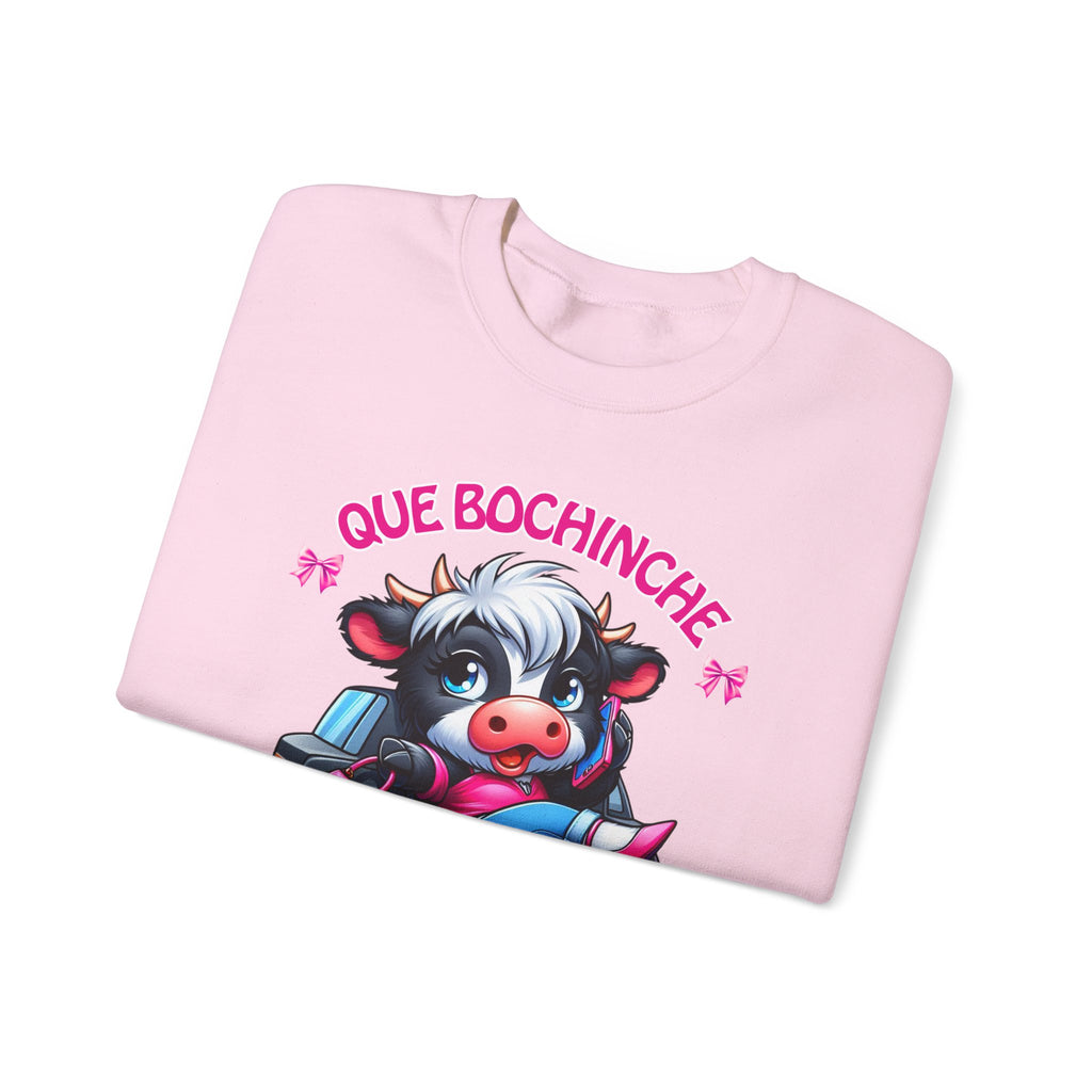 Que Bochincˊe Cow Sweatshirt — Cute Cartoon Cow Driving Graphic Crewneck