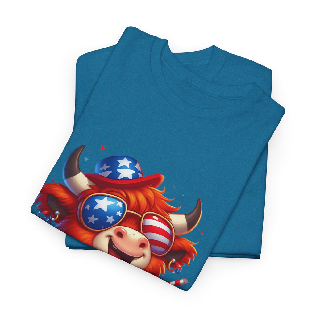Cow Tee — Cute Patriotic Cow Holding Drink Graphic T‑Shirt
