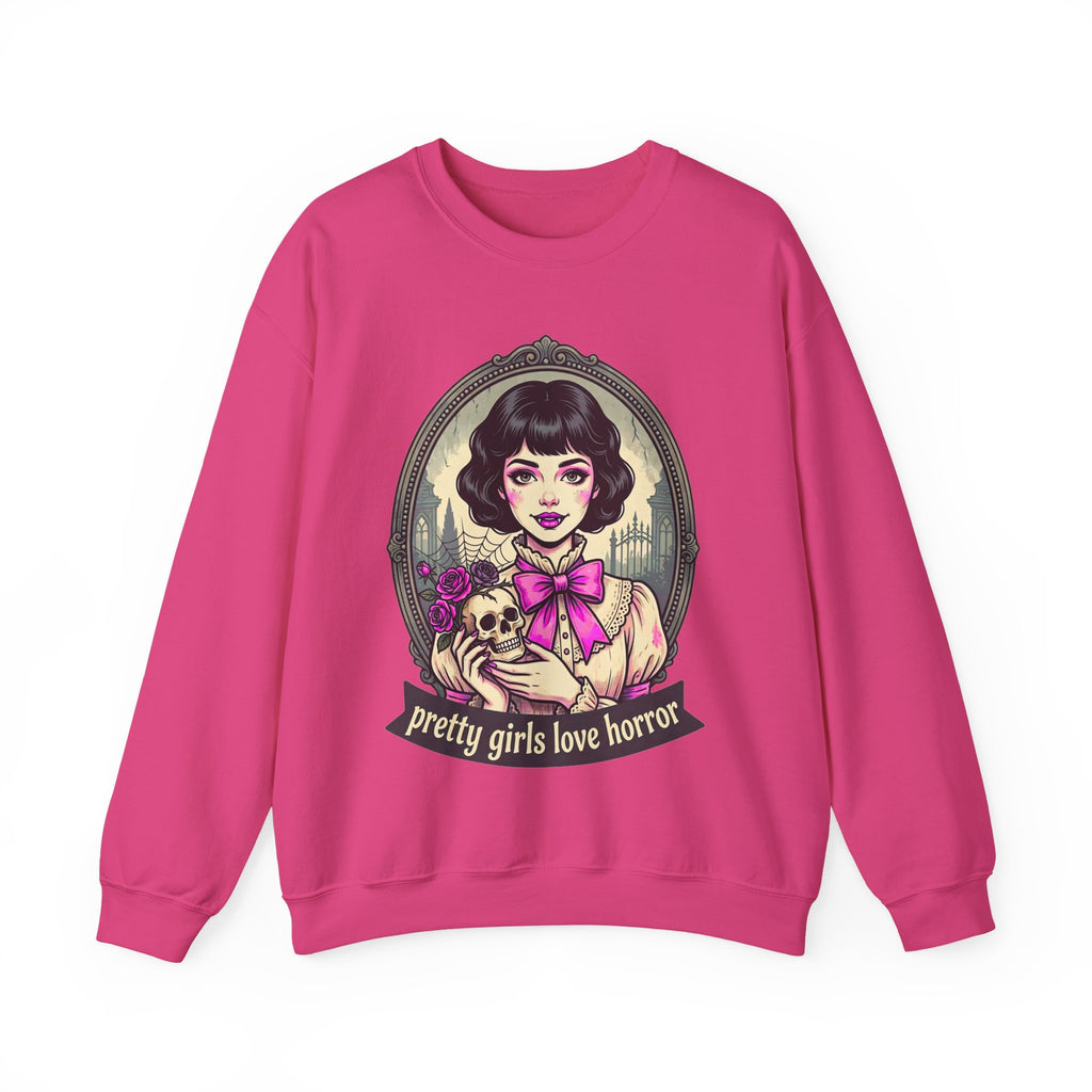 Horror Girl Crewneck Sweatshirt — "Pretty Girls Love Horror" Retro Goth Pullover