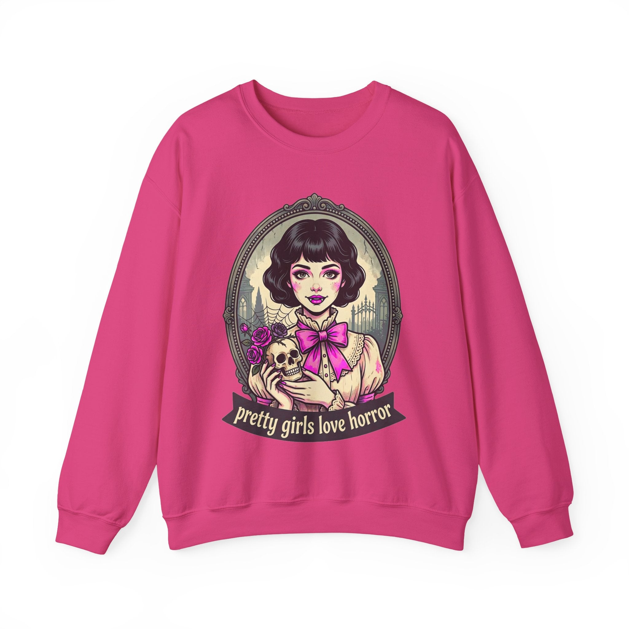 Horror Girl Crewneck Sweatshirt — "Pretty Girls Love Horror" Retro Goth Pullover