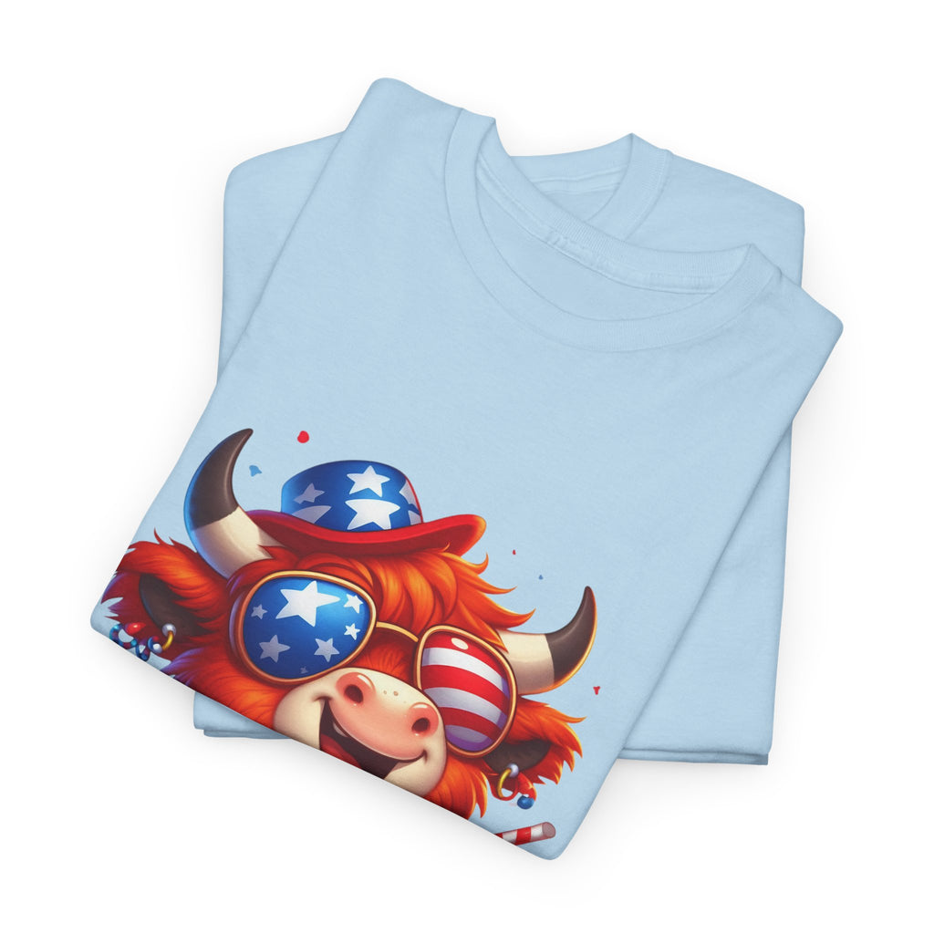 Cow Tee — Cute Patriotic Cow Holding Drink Graphic T‑Shirt