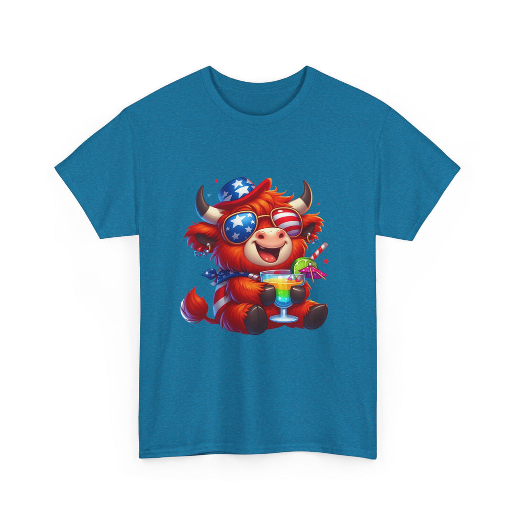 Cow Tee — Cute Patriotic Cow Holding Drink Graphic T‑Shirt