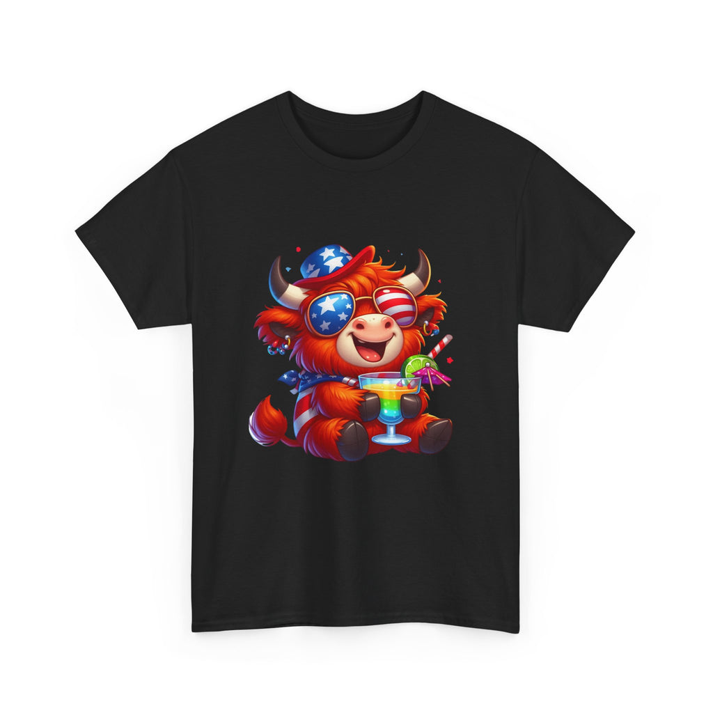 Cow Tee — Cute Patriotic Cow Holding Drink Graphic T‑Shirt