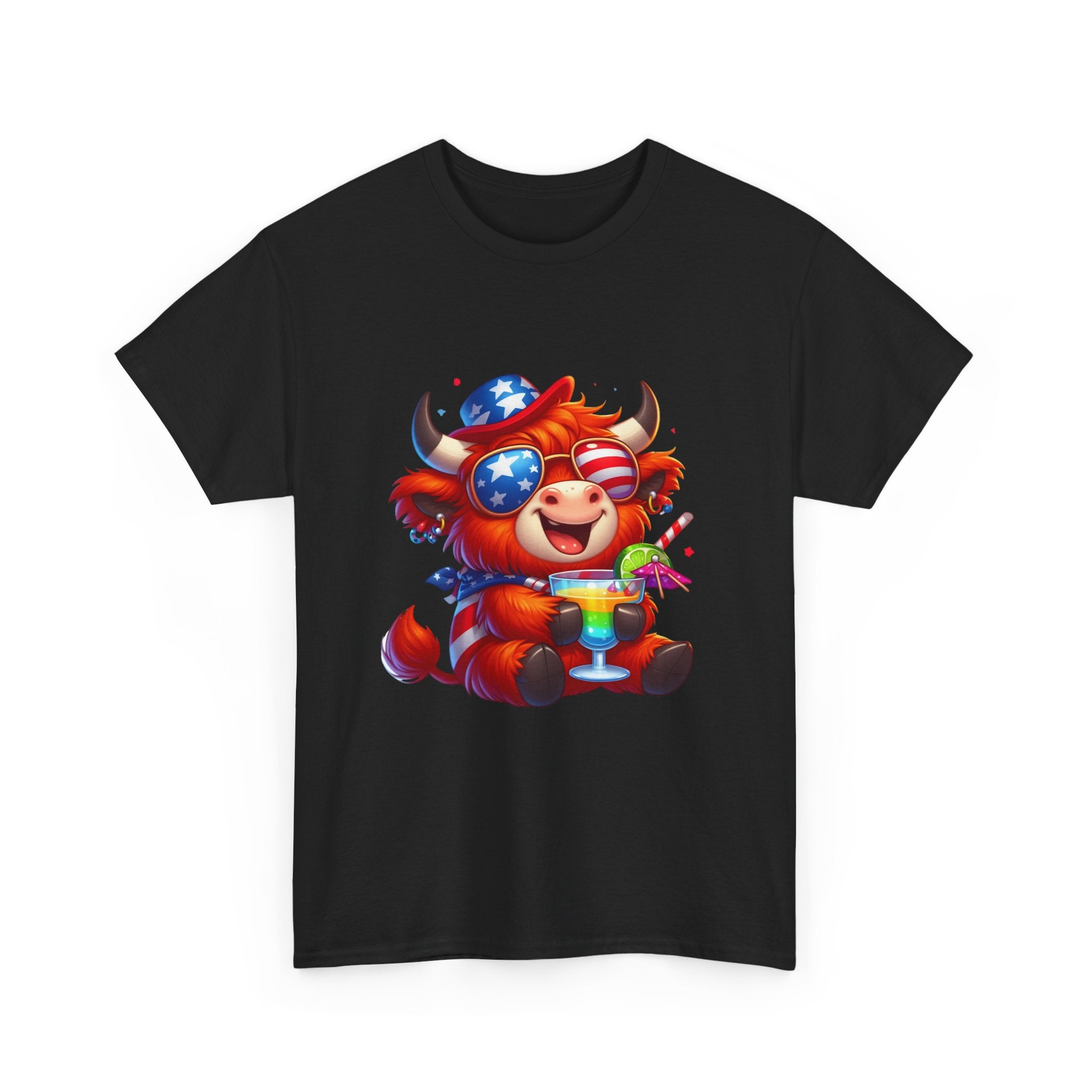 Cow Tee — Cute Patriotic Cow Holding Drink Graphic T‑Shirt